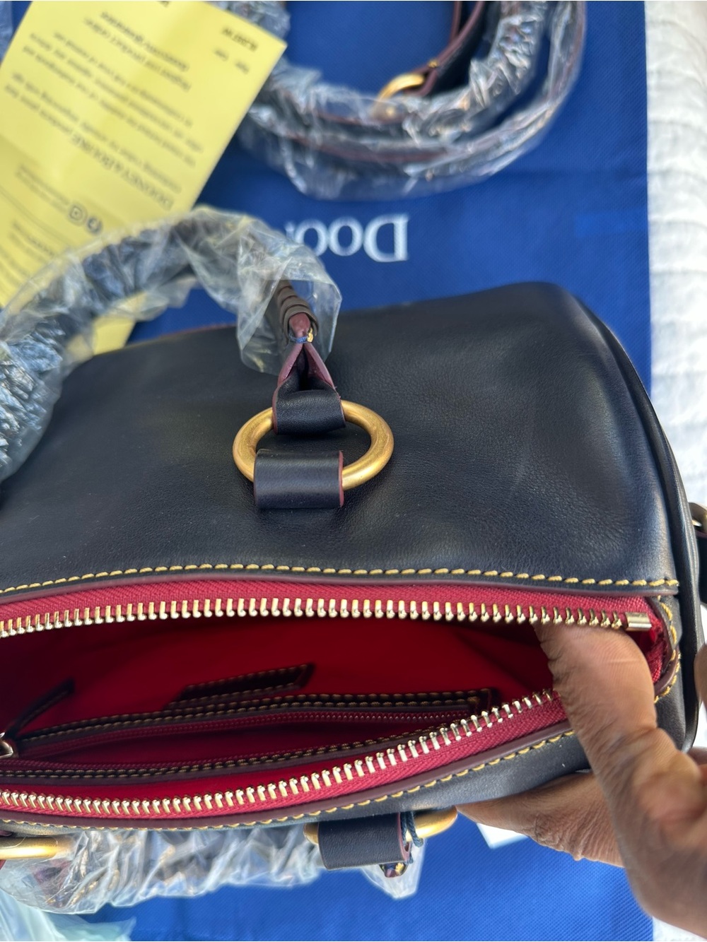 Dooney & Bourke Navy Florentine Satchel with Gold Hardware and Navy Tassel - Picture 8 of 13